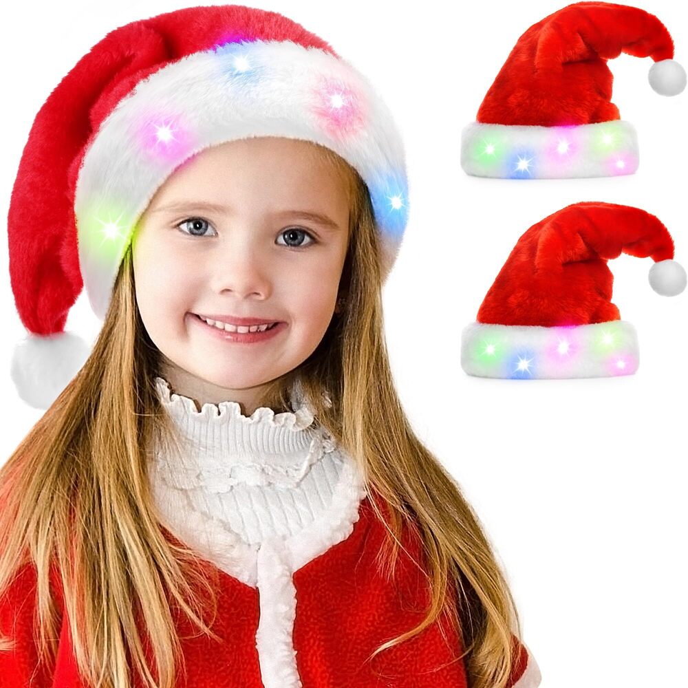 3187 2Pack Santa Hat Light up Christmas Hats Santa Hat with LED Lights